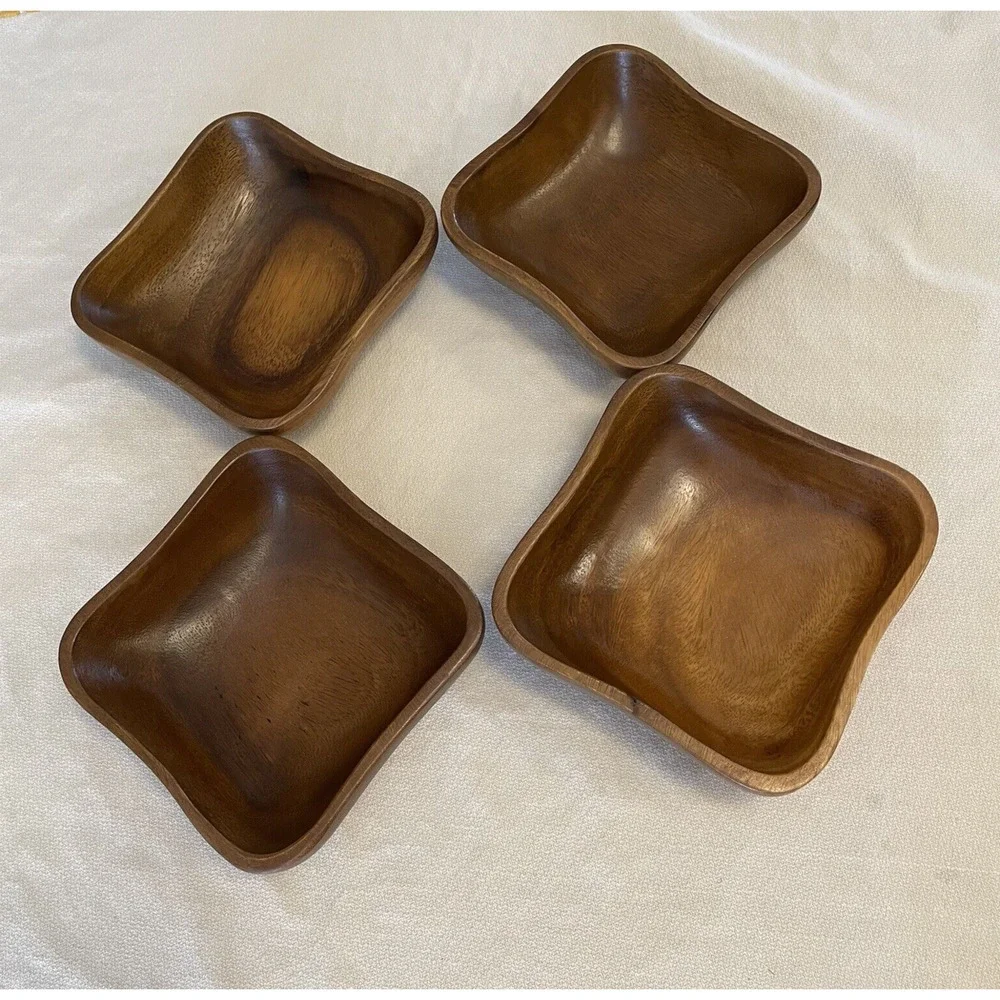 Wooden Bowls Square Rounded Corners marked Made in Philippines Set of 4
